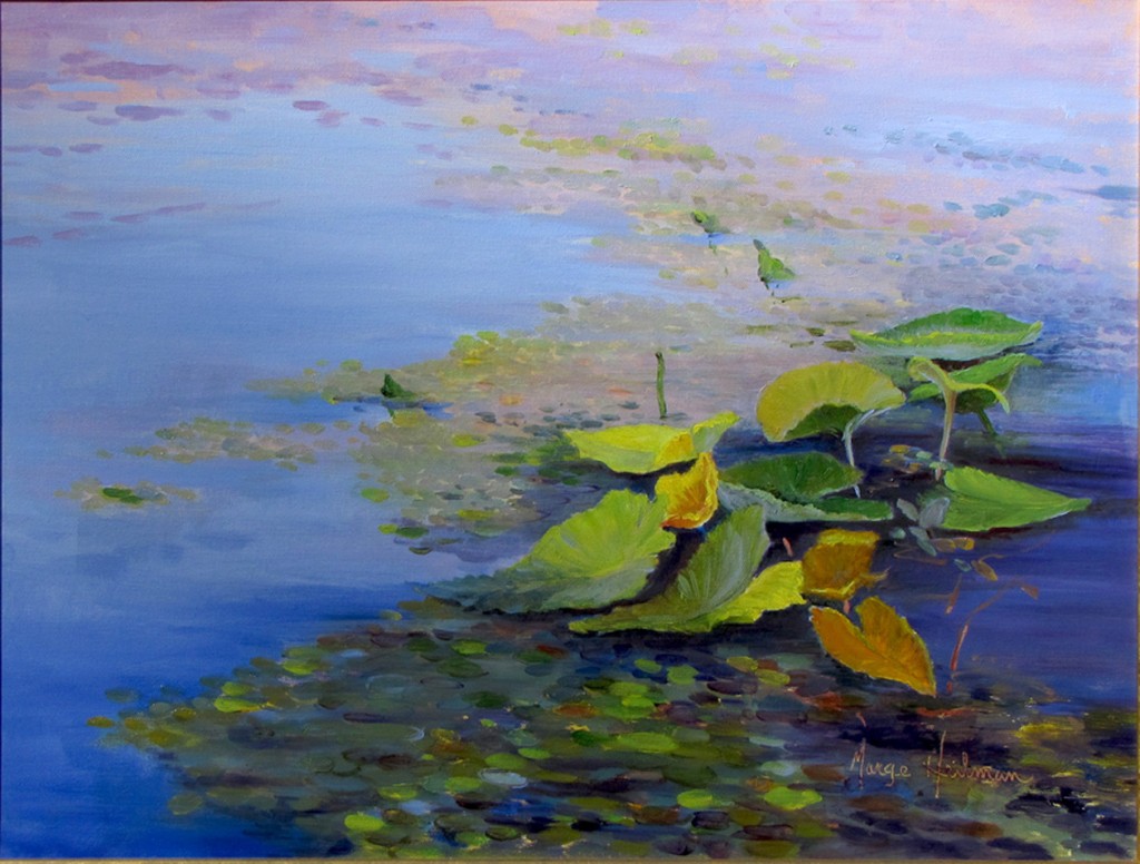 The reflective color of alpen glow and gentle patterns on this quiet lake generated this painting.
